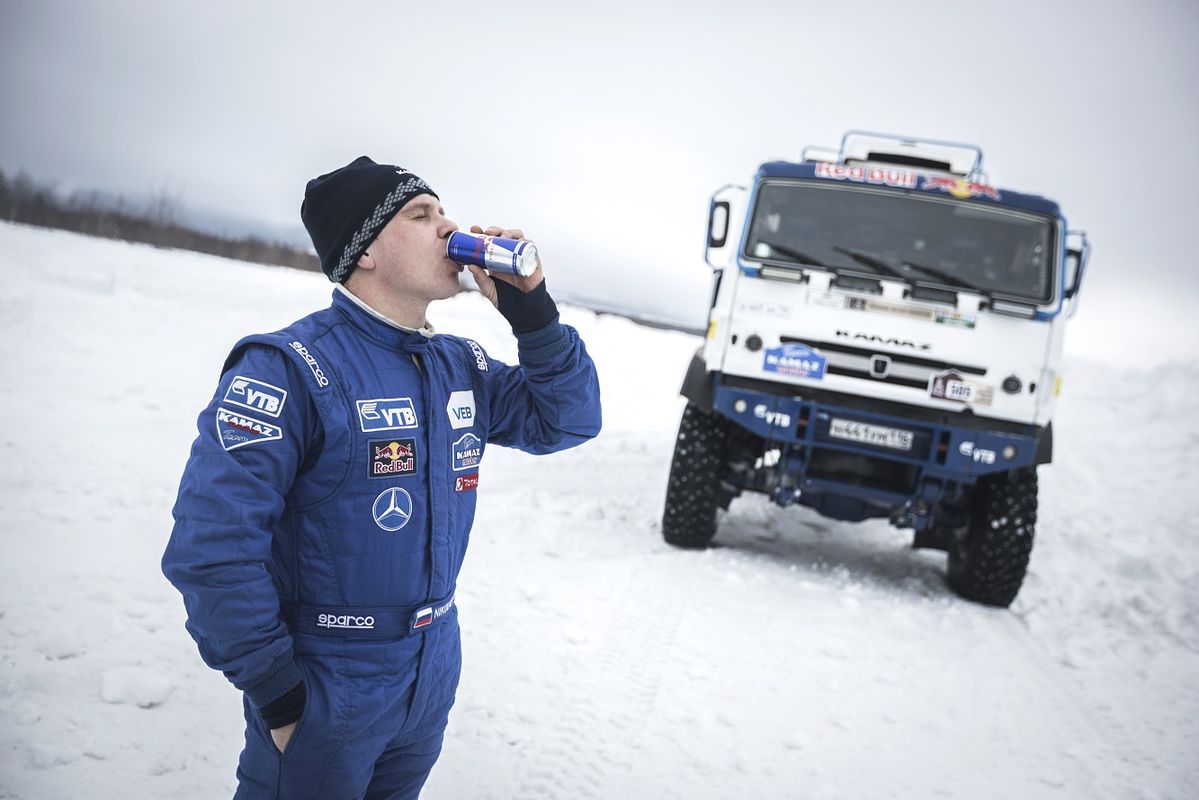 Eduard Nikolaev of Team KAMAZ - Master has a rest during the Kings of the Northern Desert shooting in Apatity, Russia on March 21, 2017