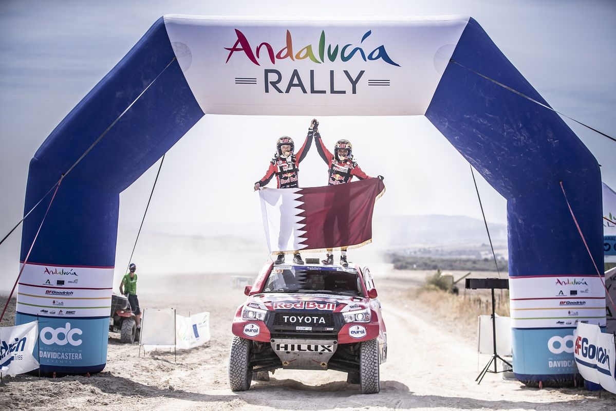 Nasser Al-Attiyah & Matthieu Baumel celebrate the win of Rally Andalucia in Villamartin, Spain on October 10, 2020